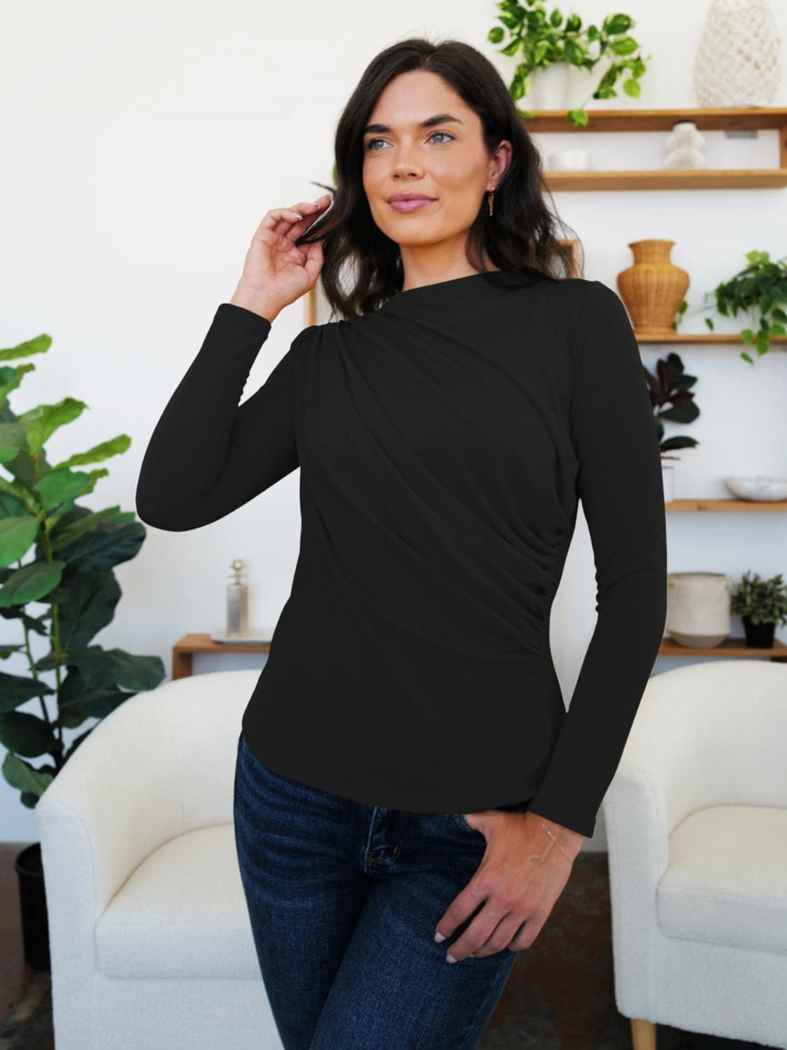 Ruched long sleeve mock neck tee