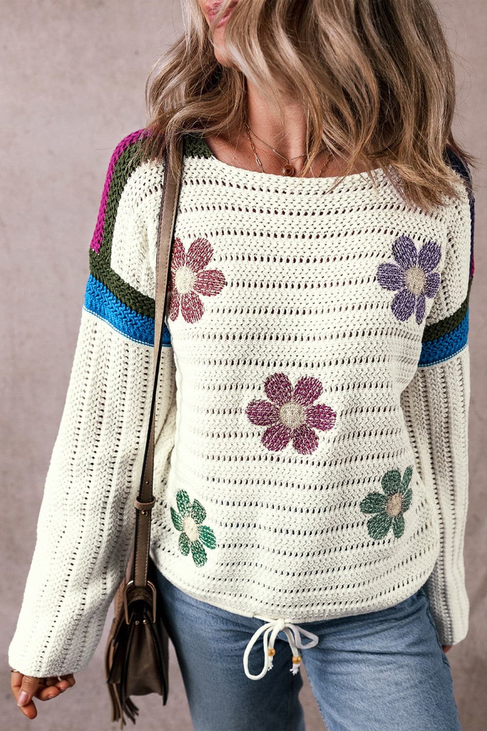 Flower Round Neck Long Sleeve Sweater.