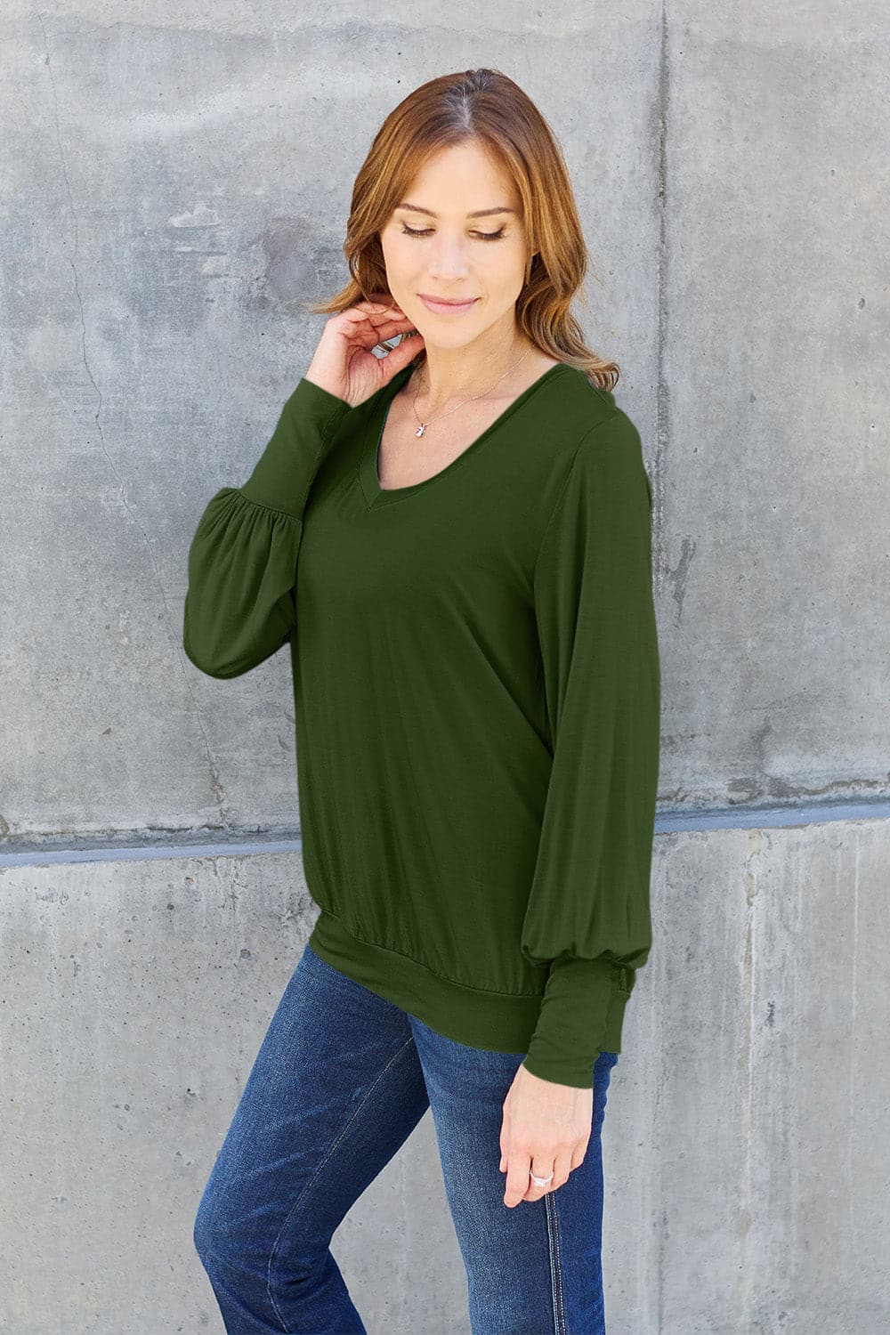 Basic Bae Full Size V-Neck Lantern Sleeve Top.