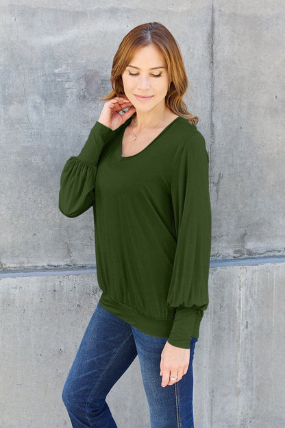 Basic Bae Full Size V-Neck Lantern Sleeve Top.