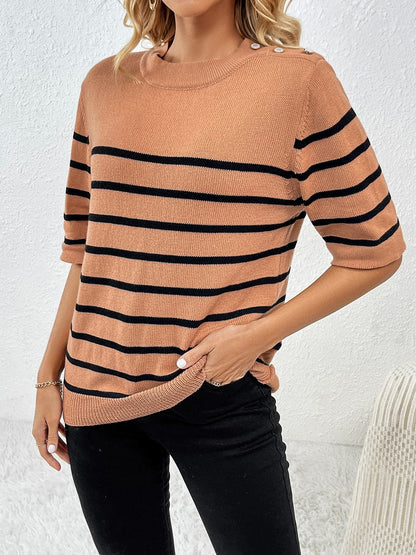 Striped Round Neck Half Sleeve Knit Top.