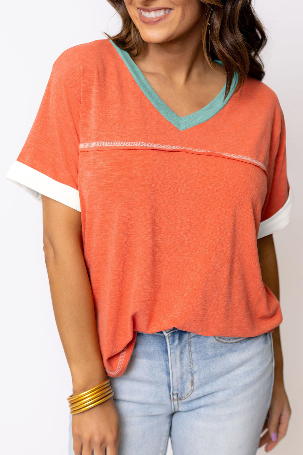 Grapefruit Orange V Neck T-shirt with Contrast Trim and Exposed Seams