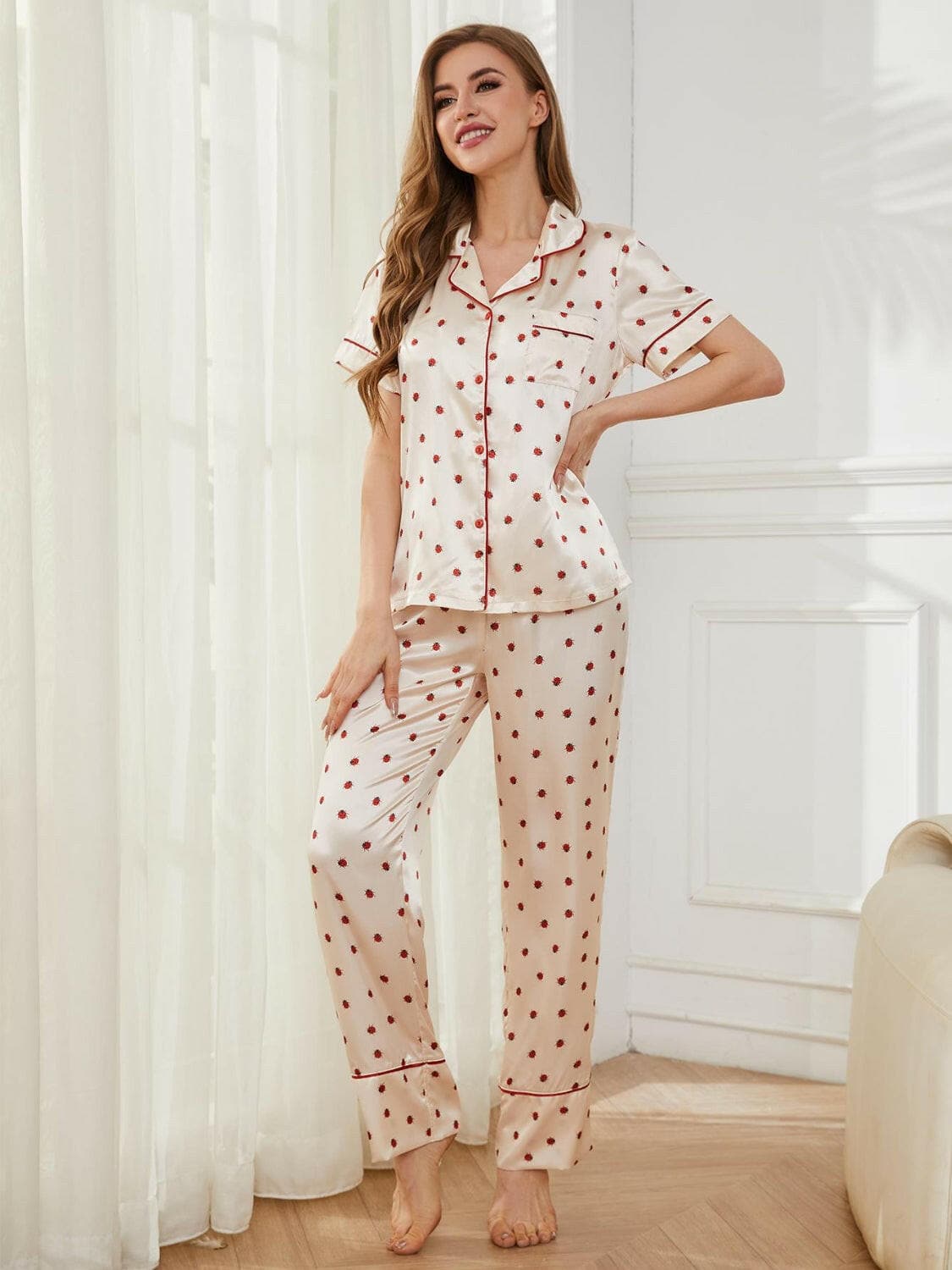 Contrast Piping Pocketed Top and Pants Lounge Set.