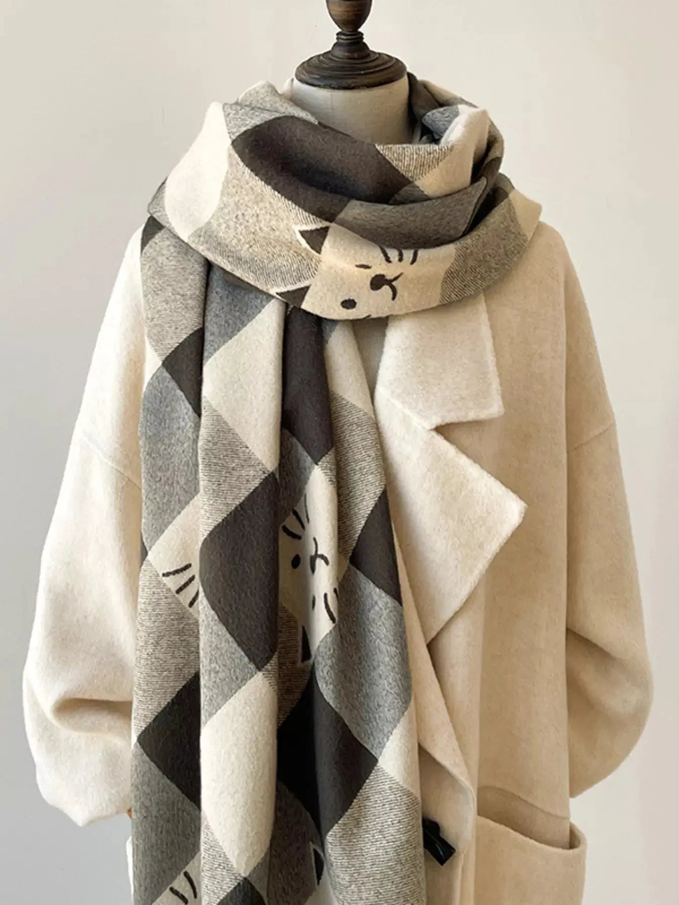 Cute Cat Pattern Plaid Raw Hem Scarf Simply Love