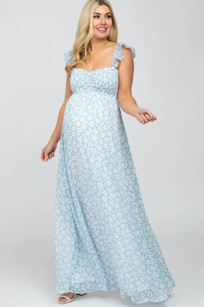 Light Blue Floral Chiffon Sweetheart Neck Off Shoulder Maternity Maxi Dress PinkBlush