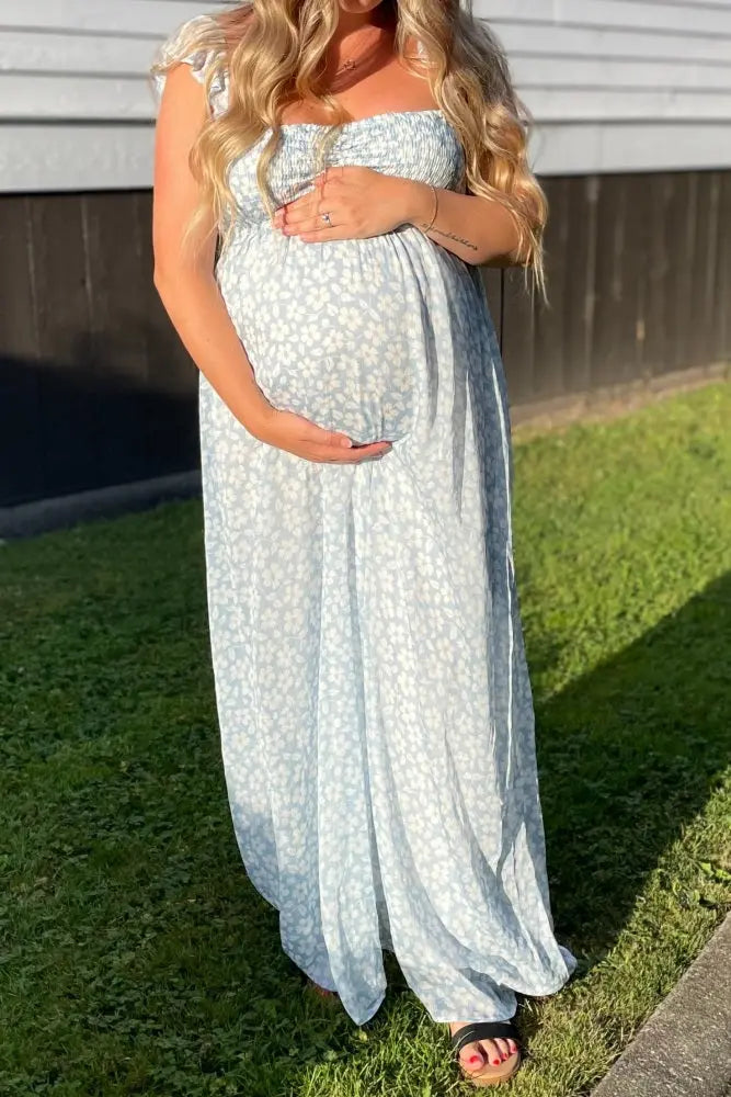 Light Blue Floral Chiffon Sweetheart Neck Off Shoulder Maternity Maxi Dress PinkBlush