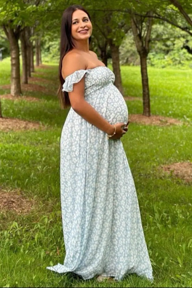 Light Blue Floral Chiffon Sweetheart Neck Off Shoulder Maternity Maxi Dress PinkBlush