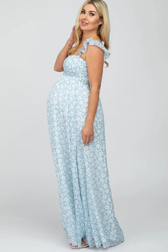 Light Blue Floral Chiffon Sweetheart Neck Off Shoulder Maternity Maxi Dress PinkBlush