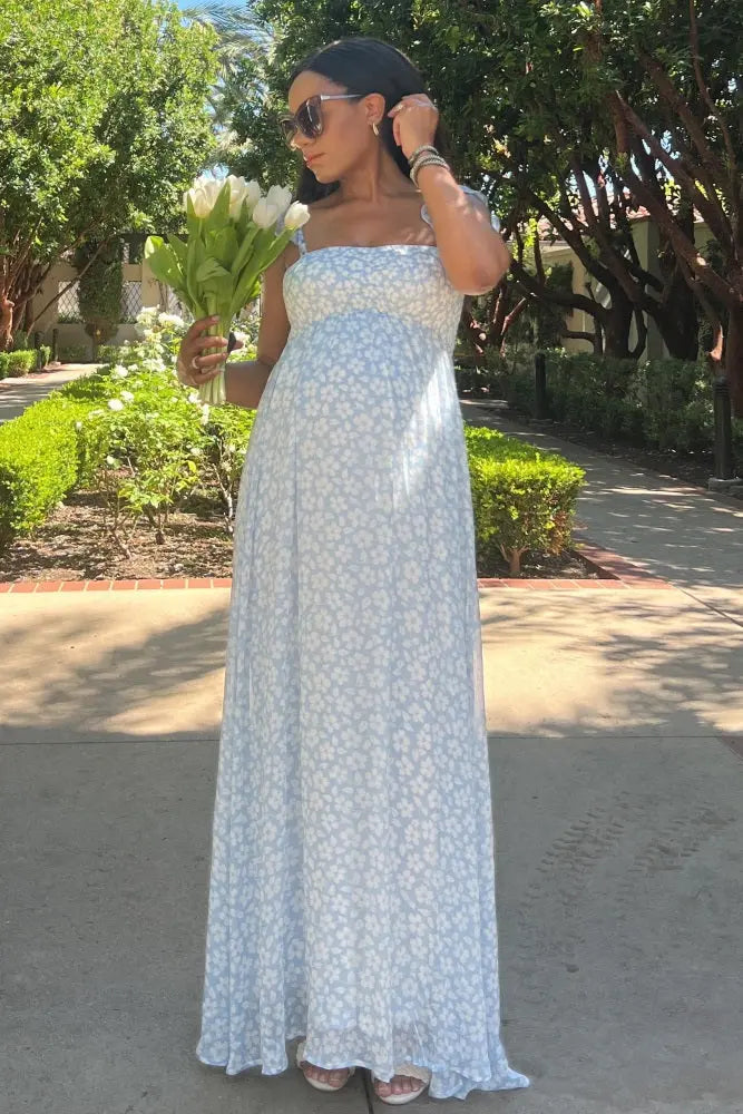 Light Blue Floral Chiffon Sweetheart Neck Off Shoulder Maternity Maxi Dress PinkBlush
