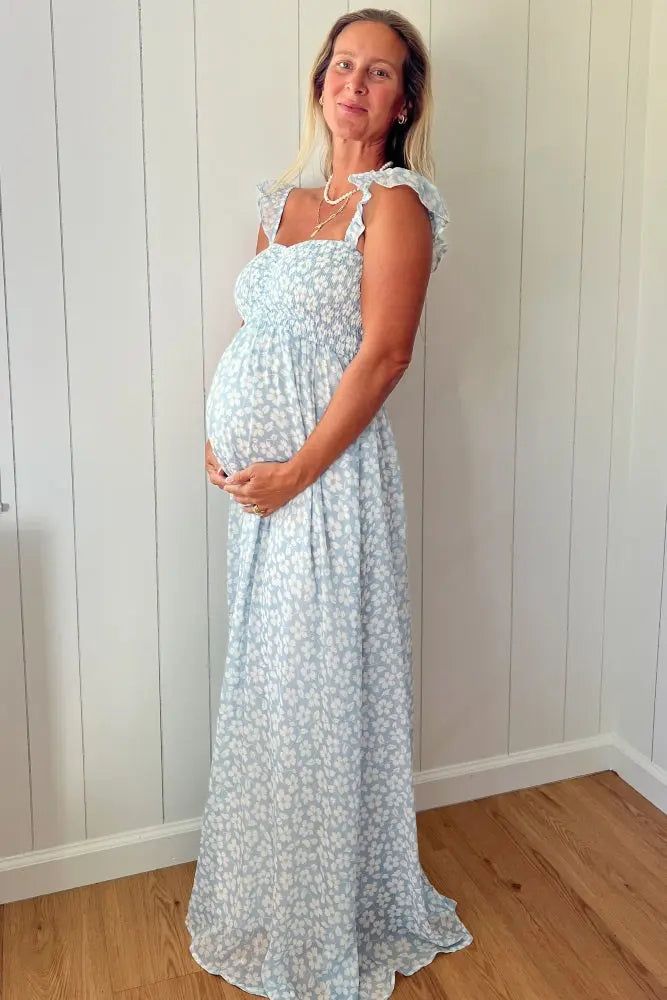 Light Blue Floral Chiffon Sweetheart Neck Off Shoulder Maternity Maxi Dress PinkBlush