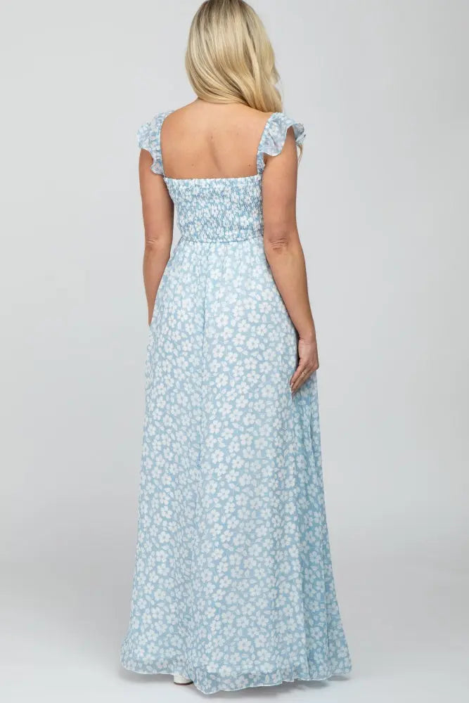 Light Blue Floral Chiffon Sweetheart Neck Off Shoulder Maternity Maxi Dress PinkBlush