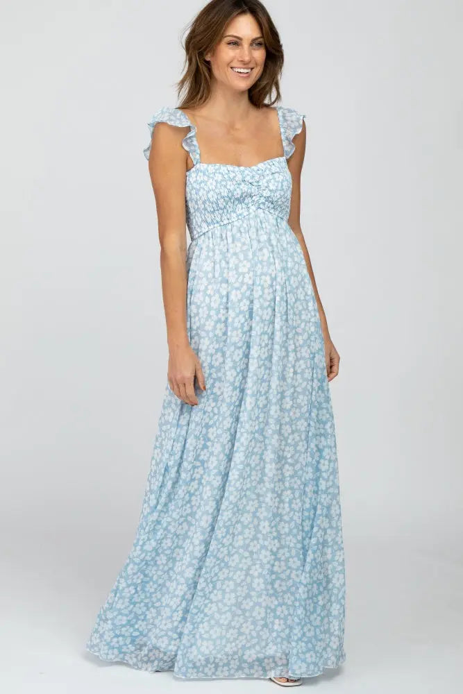Light Blue Floral Chiffon Sweetheart Neck Off Shoulder Maternity Maxi Dress PinkBlush