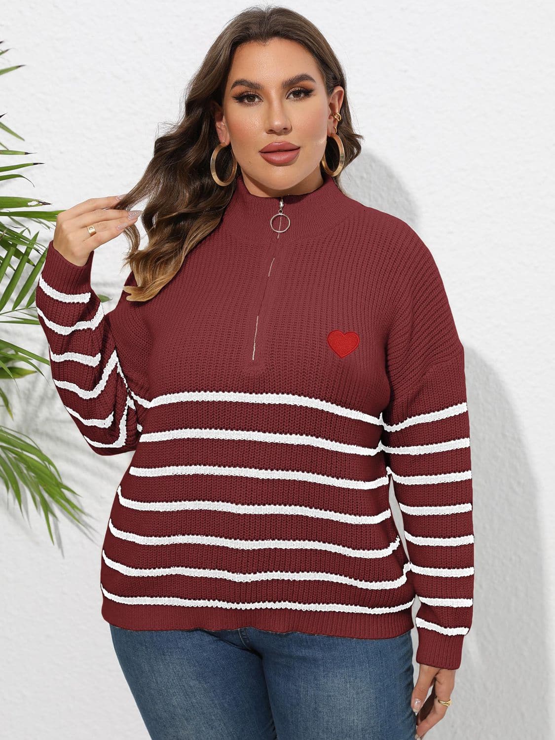 Plus Size Zip-Up Striped Sweater.