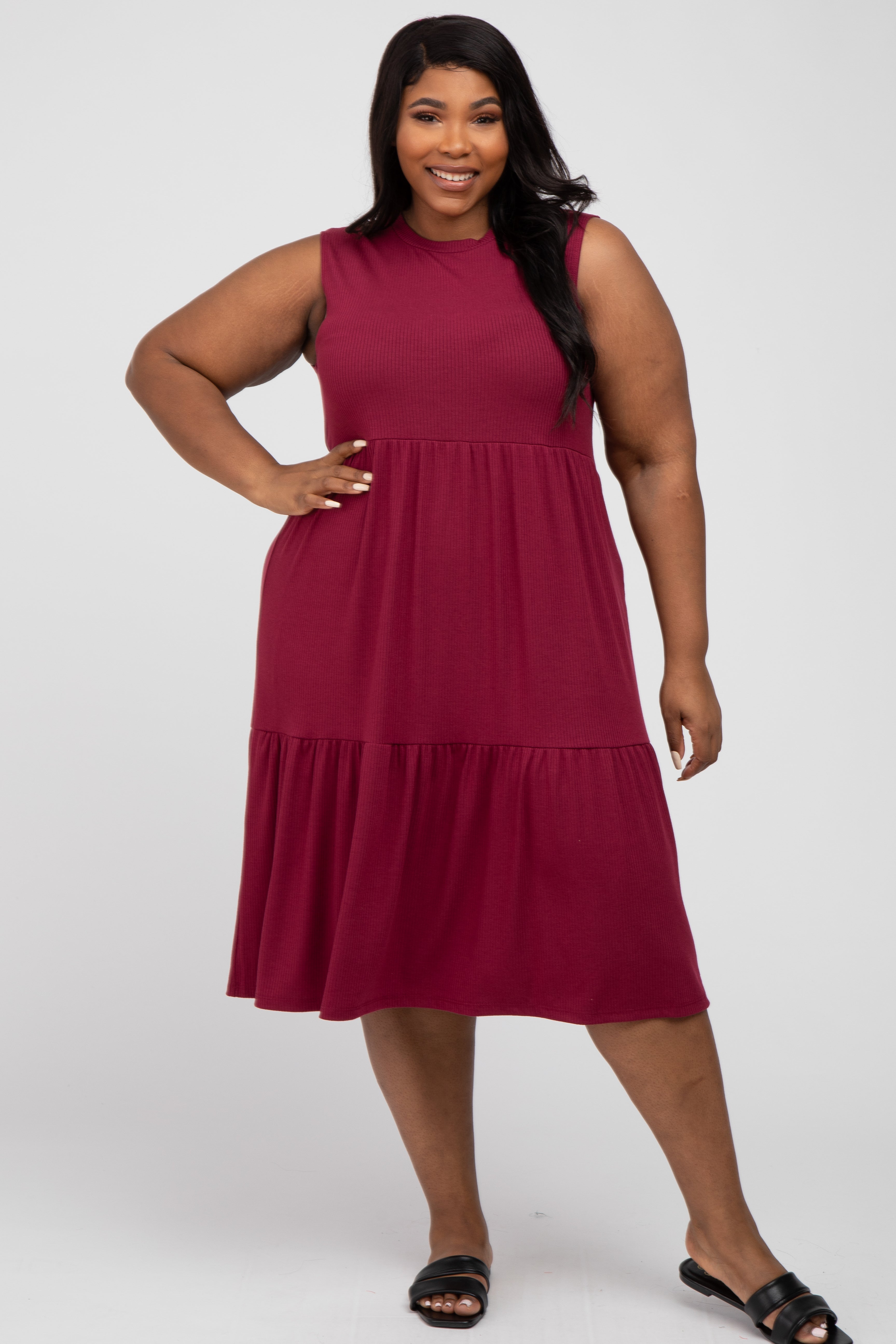 Burgundy Ribbed Sleeveless Plus Maternity Midi Dress PinkBlush