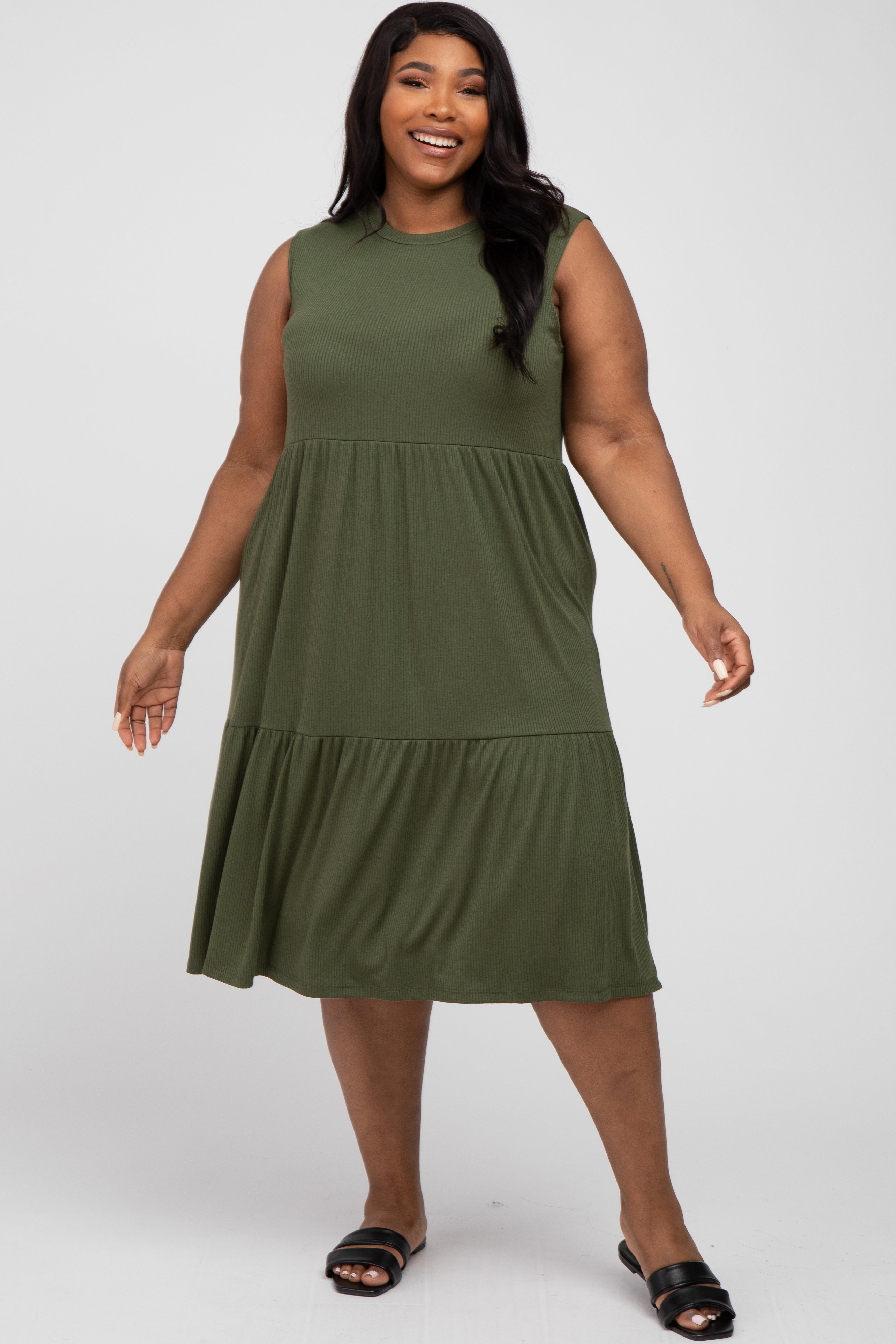 Olive Ribbed Sleeveless Plus Midi Dress PinkBlush