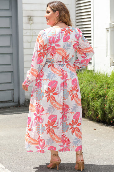 Tropical palm print plus size maxi dress with tie waist and slit