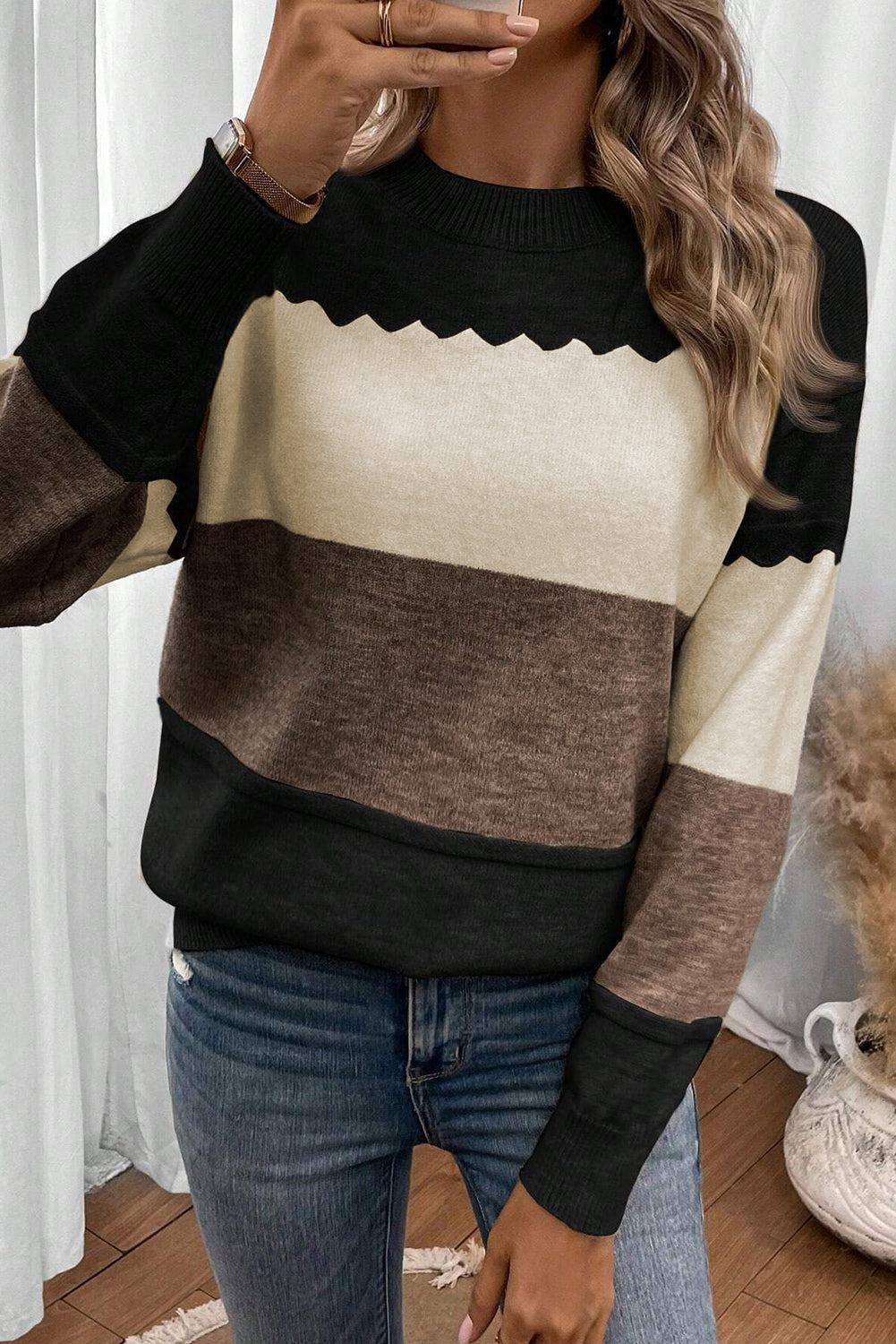 Black Colorblock Crew Neck Drop Shoulder Sweater Relaxed Fit