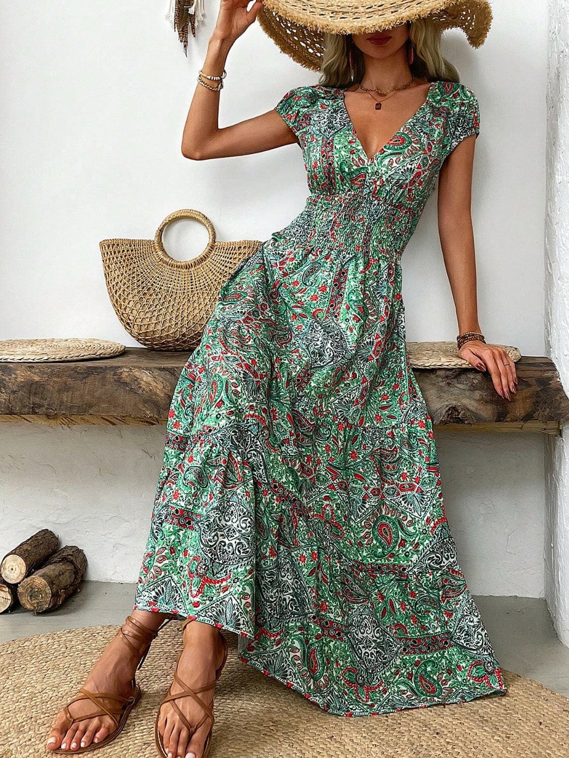 Smocked Printed Cap Sleeve Midi Dress.