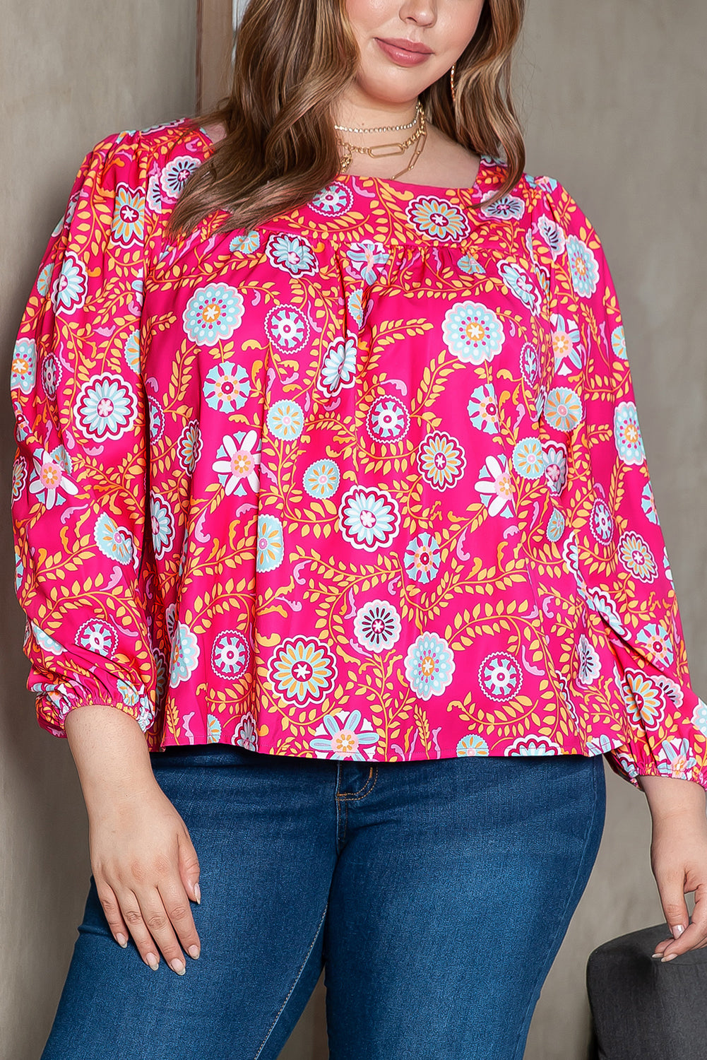 Floral charm plus size blouse with square neckline