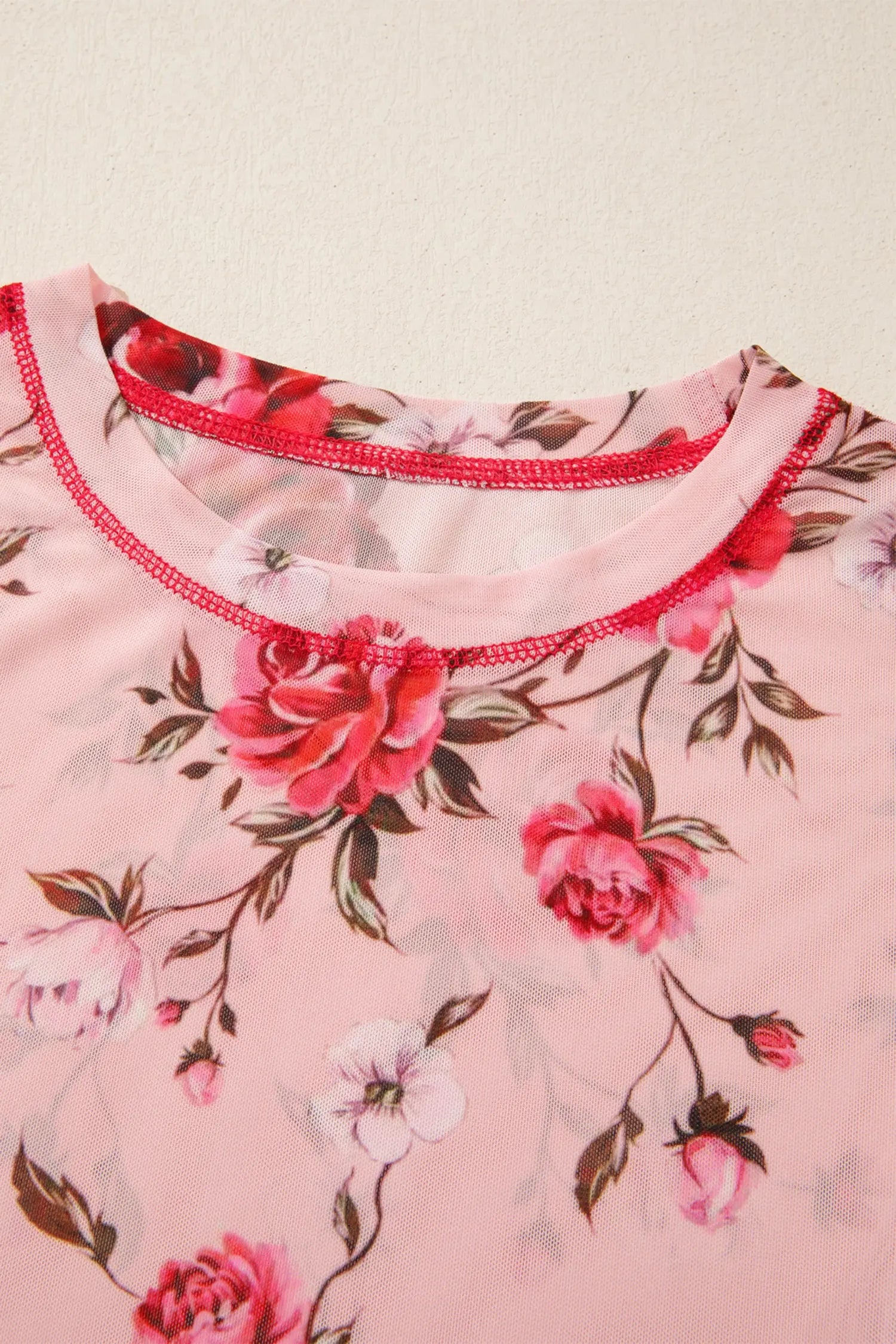 Pink Floral Print Mesh Long Sleeve Top With Exposed Seam Detail Dear-Lover Dropshipping