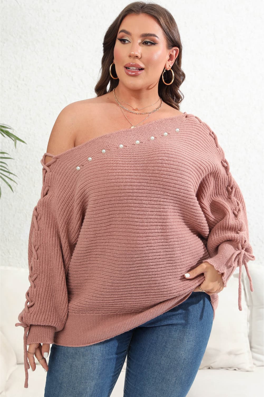 Plus Size One Shoulder Beaded SweaterPattern type: Solid
Style: Casual
Features: Tied
Neckline: One shoulder
Length: Long
Sleeve length: Long sleeves
Sleeve type: Regular sleeves
Material composition: 1Love Salve Shoulder Beaded Sweaterplus