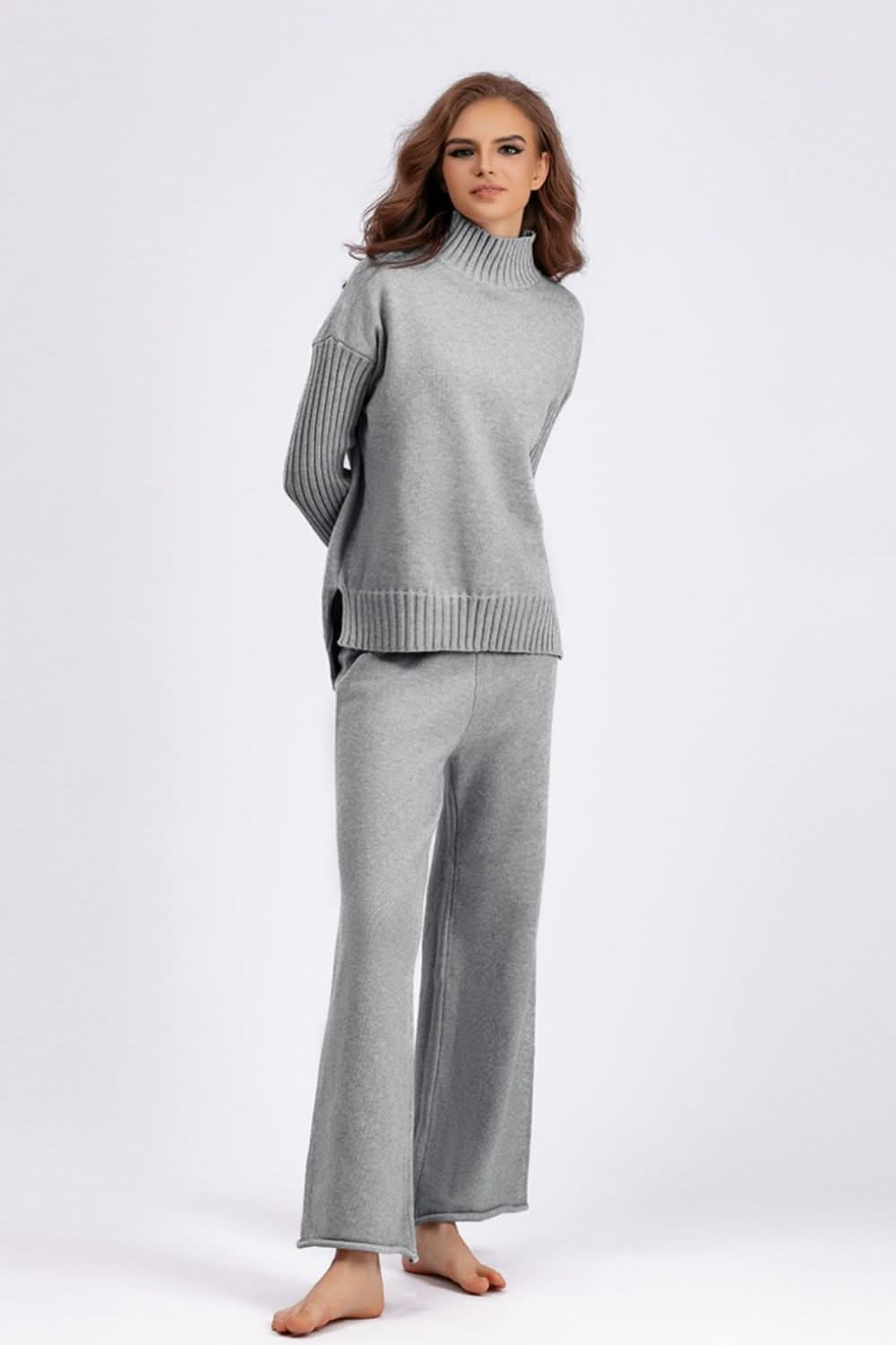 Chic Basic High-Low Turtleneck Sweater Set with Pants