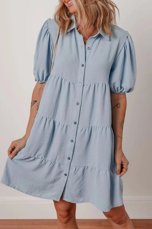 Button Up Puff Sleeve Tiered Shirt Dress Simply Love