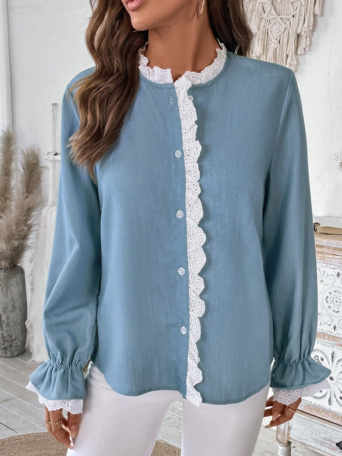 Lace-Embellished Button-Up Long Sleeve Blouse