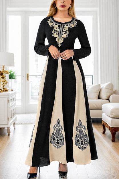 Printed Round Neck Long Sleeve Maxi Dress.