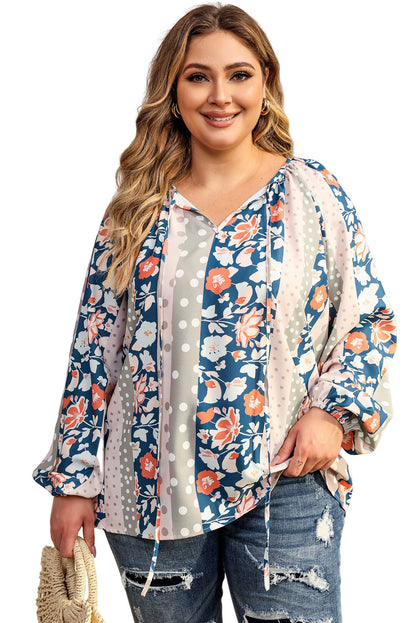 Colorful plus size mixed print blouse with split neckline