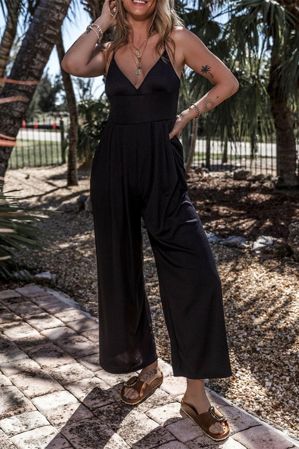 Surplice Spaghetti Strap Wide Leg Jumpsuit.