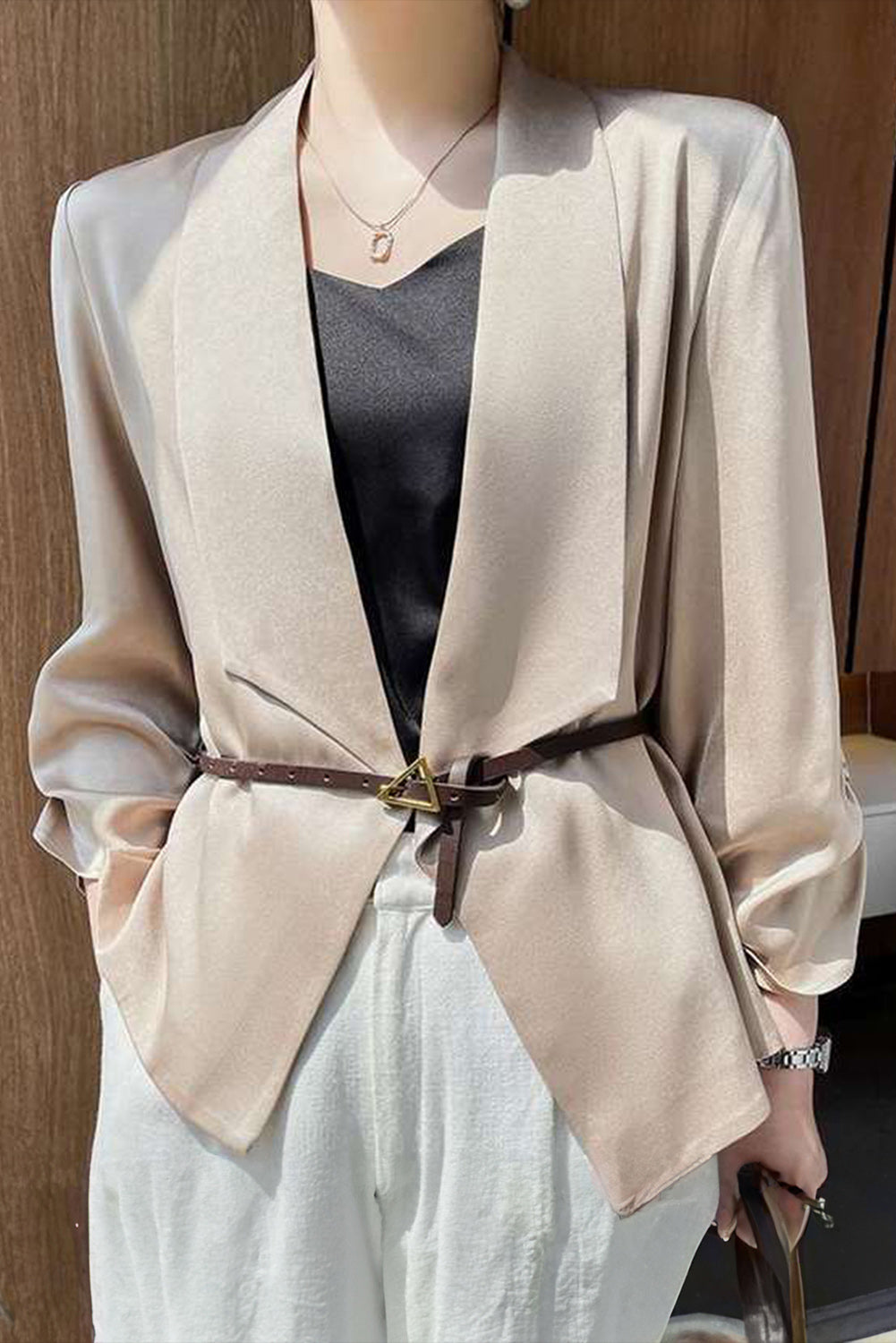 Elegant apricot satin blazer with lapel collar