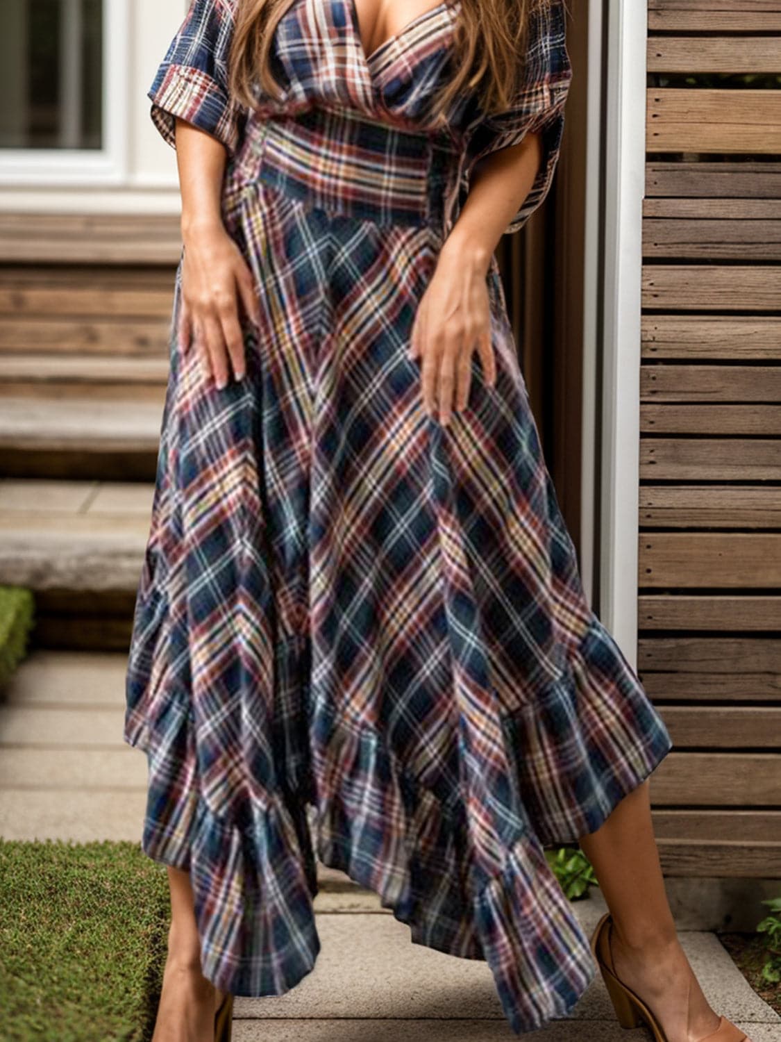 Plaid Asymmetrical Ruffle Hem Skirt.