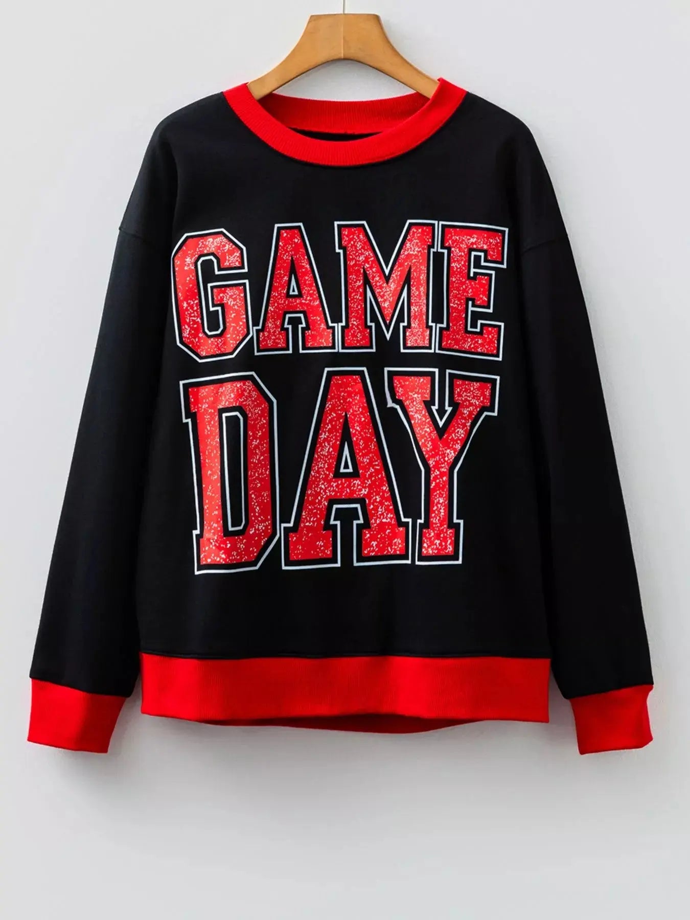 Game Day Graphic Varsity Baggy Long Sleeve Sweatshirt With Red Trim Simply Love