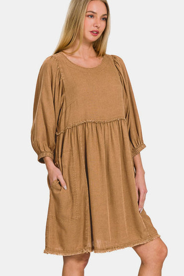 Zenana Washed Linen Pleated Puff Sleeve Babydoll Dress.