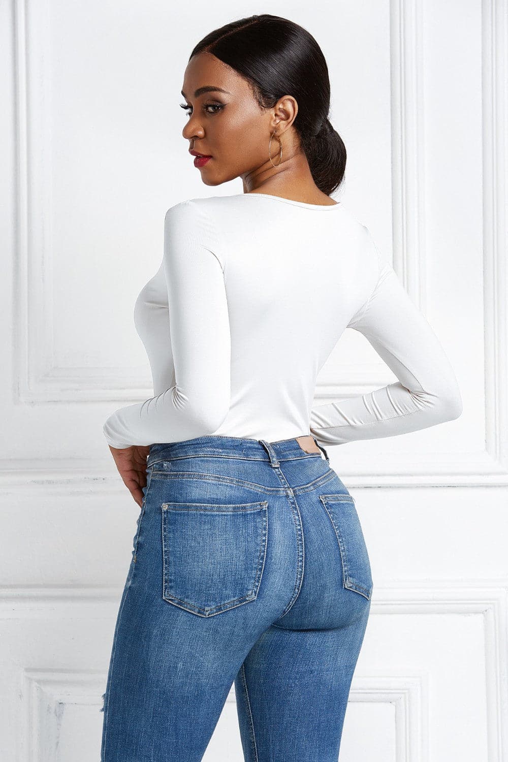 Half Zip Scoop Neck Long Sleeve Bodysuit.