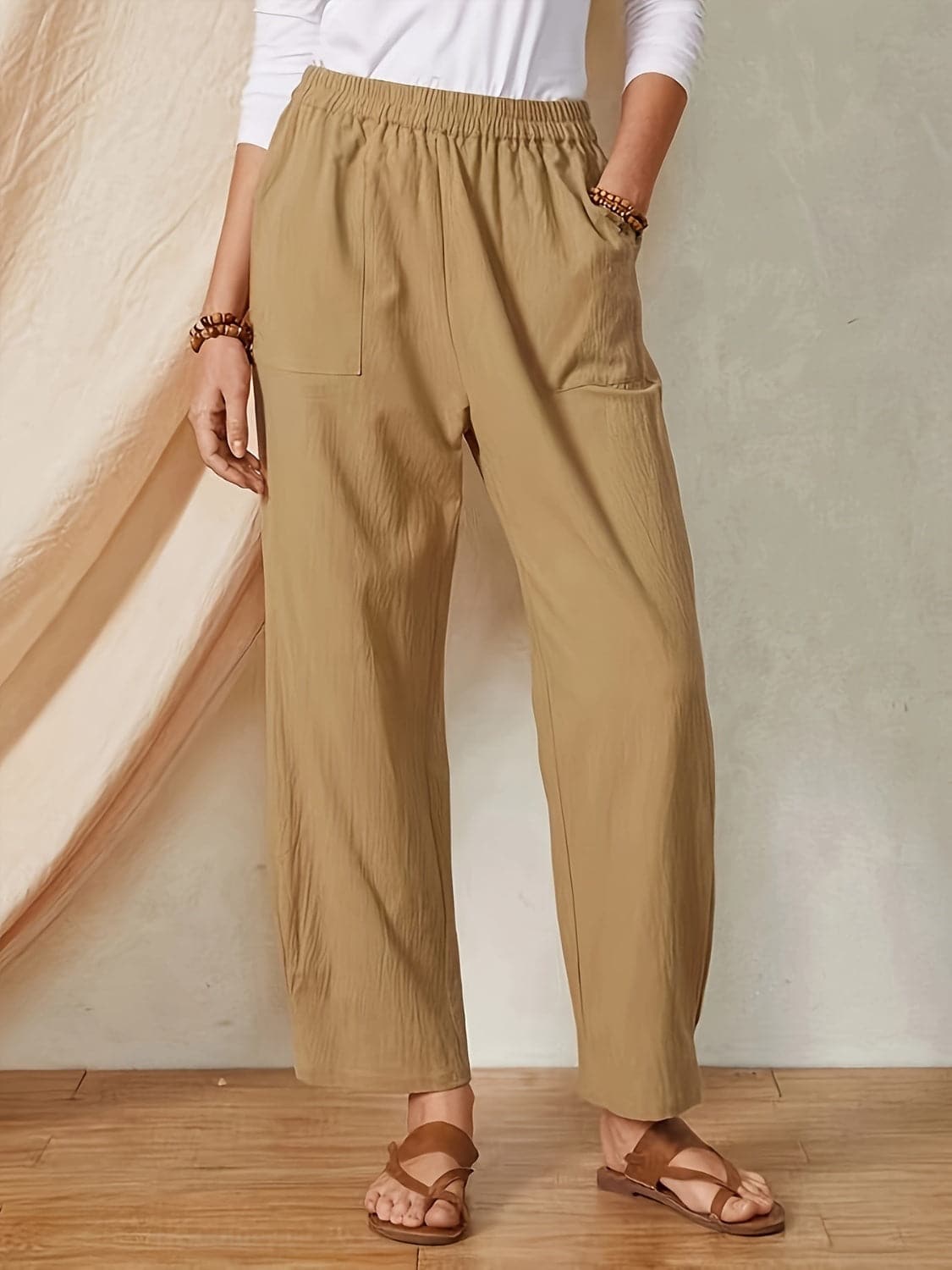 Full Size Elastic Waist Pants with Pockets.