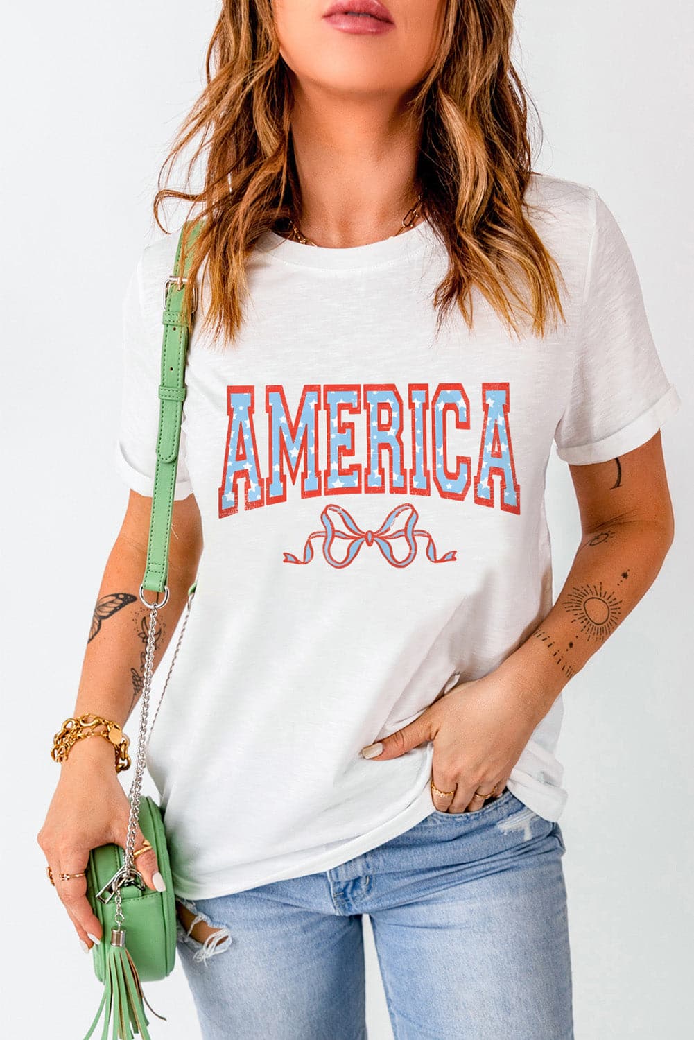 AMERICA Round Neck Short Sleeve T-Shirt.