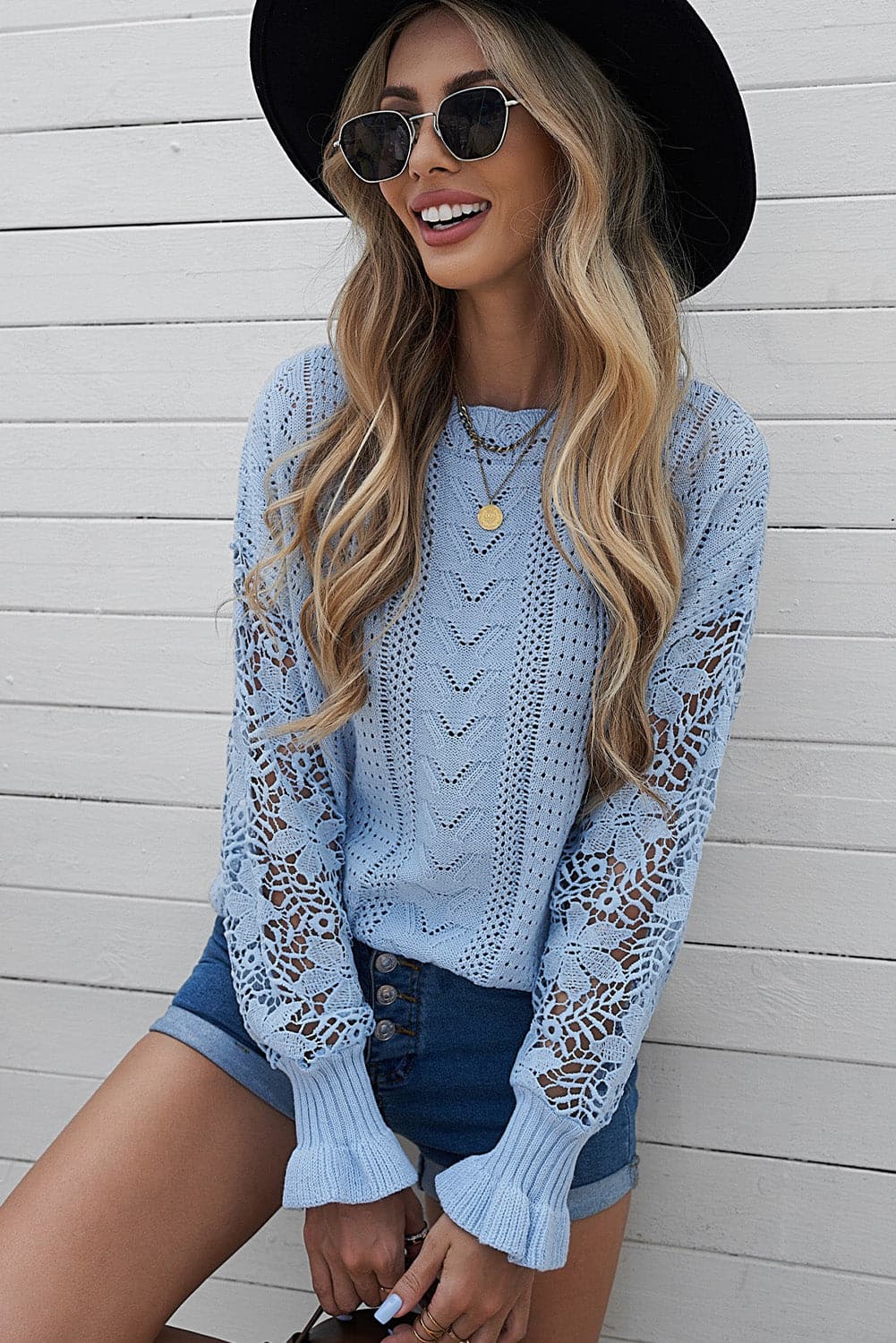 Openwork Lantern Sleeve Dropped Shoulder Sweater.