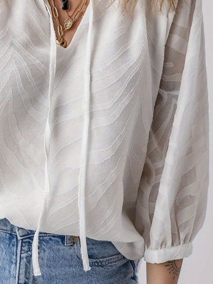 Tie Neck Frill Blouse with Three-Quarter Sleeves