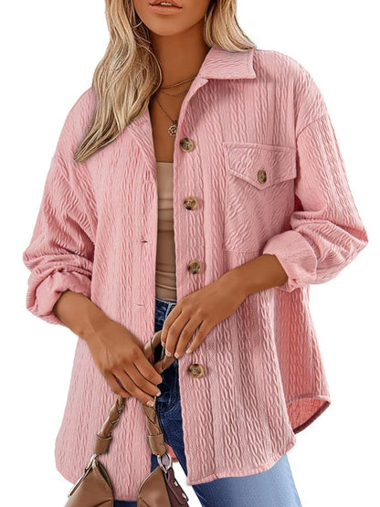 Stylish textured long sleeve button-up shacket