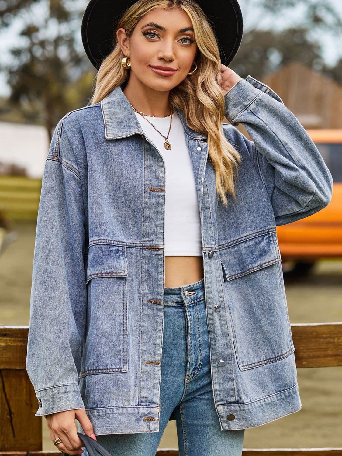 Dropped Shoulder Denim Jacket with Pockets.