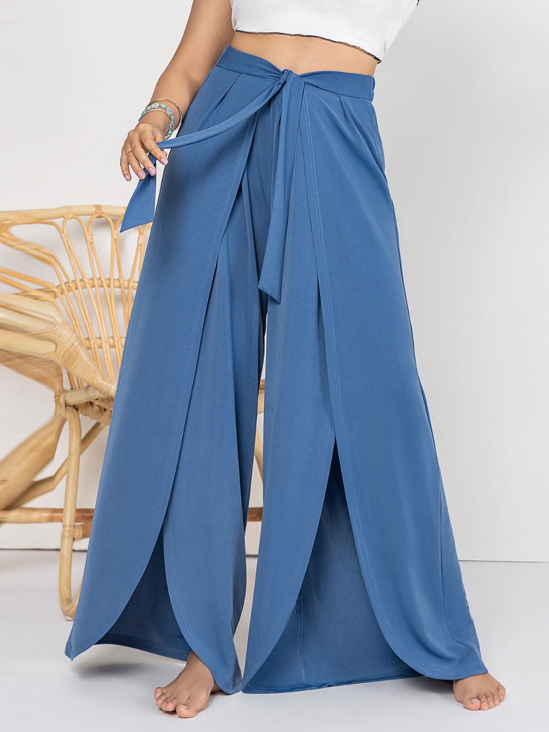 Plus Size Tied Slit Wide Leg Pants.