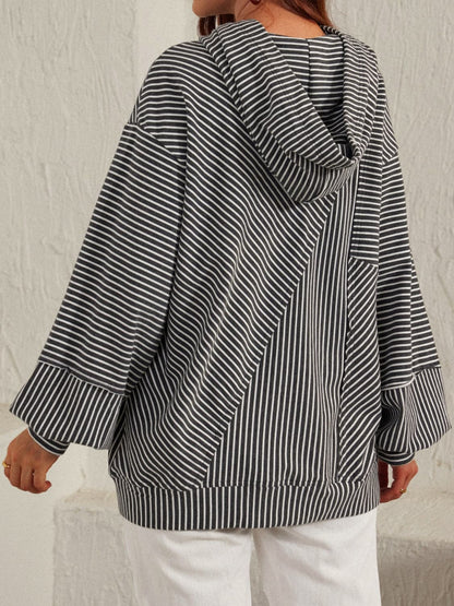 Chic striped long sleeve hoodie with drawstring and slit detail