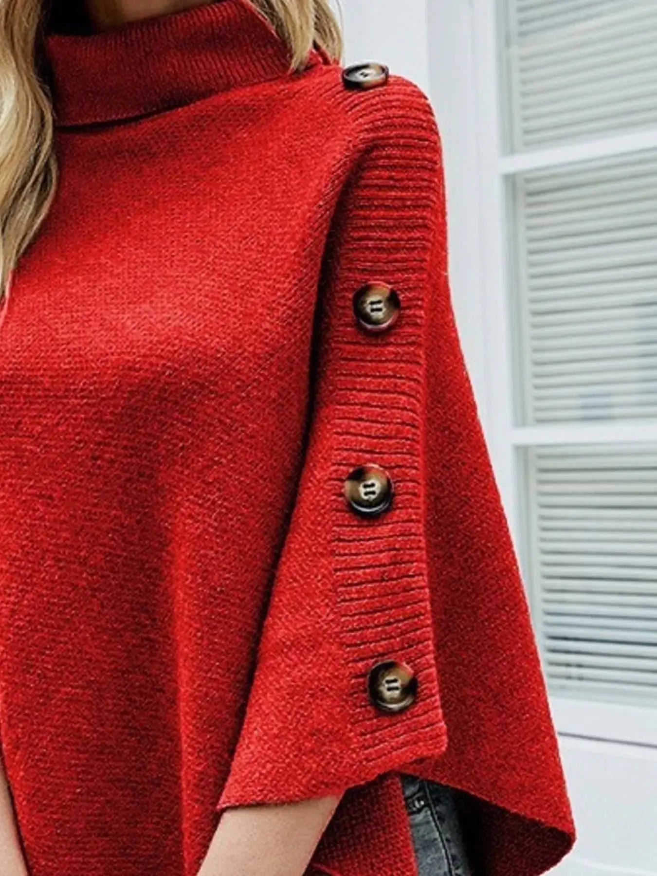 Button-Decor Turtleneck Poncho Pullover Simply Love