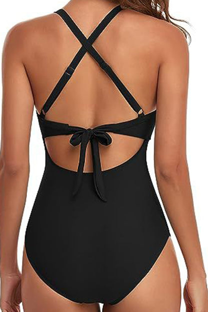 Sleek black two-tone backless monokini with crossed cutout design