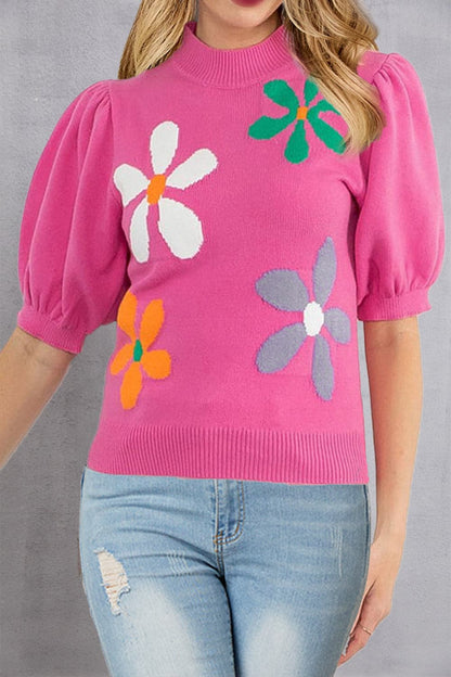 Flower Mock Neck Short Sleeve Sweater.