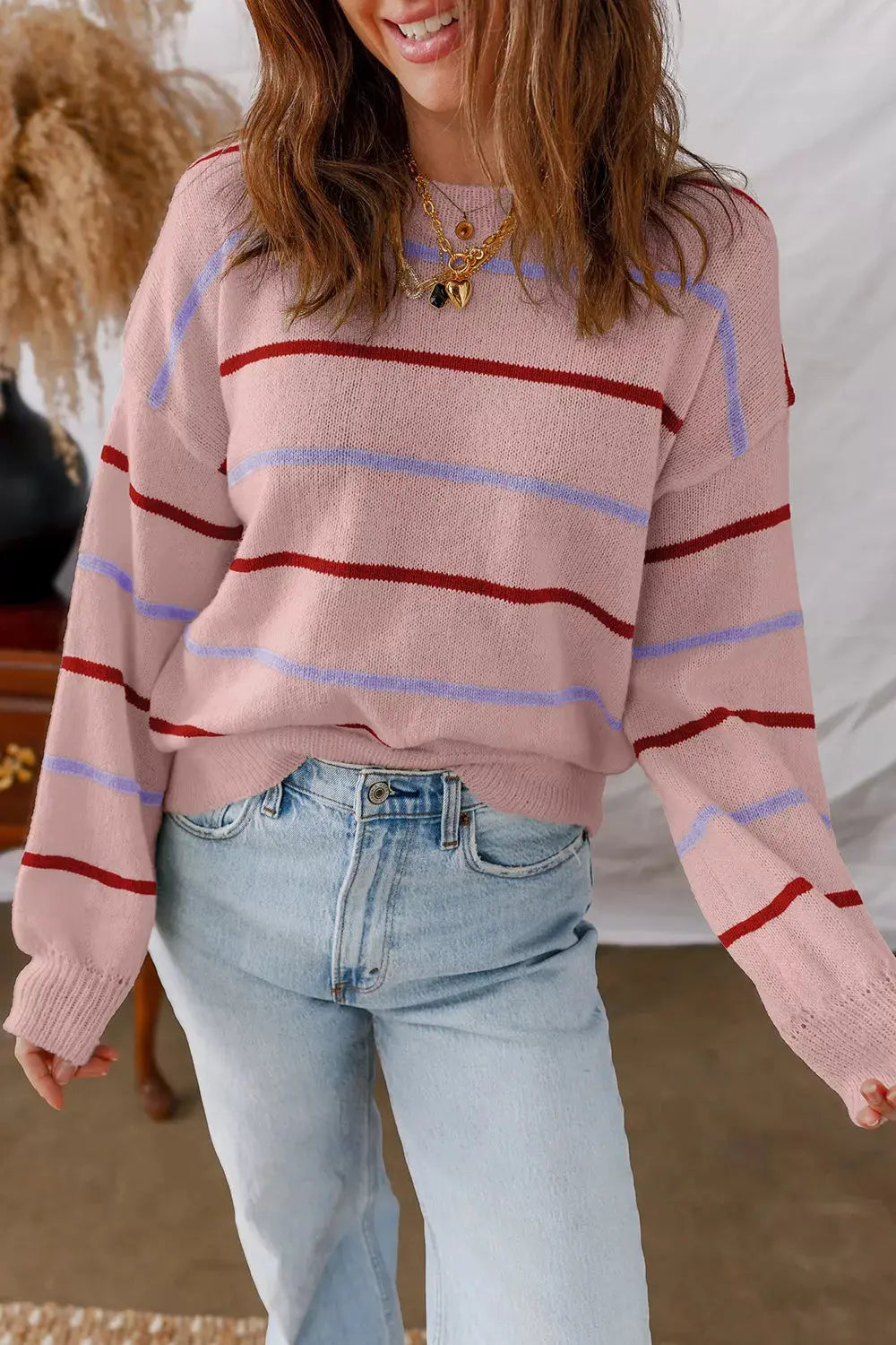 Striped Drop Shoulder Long Sleeve Sweater Simply Love