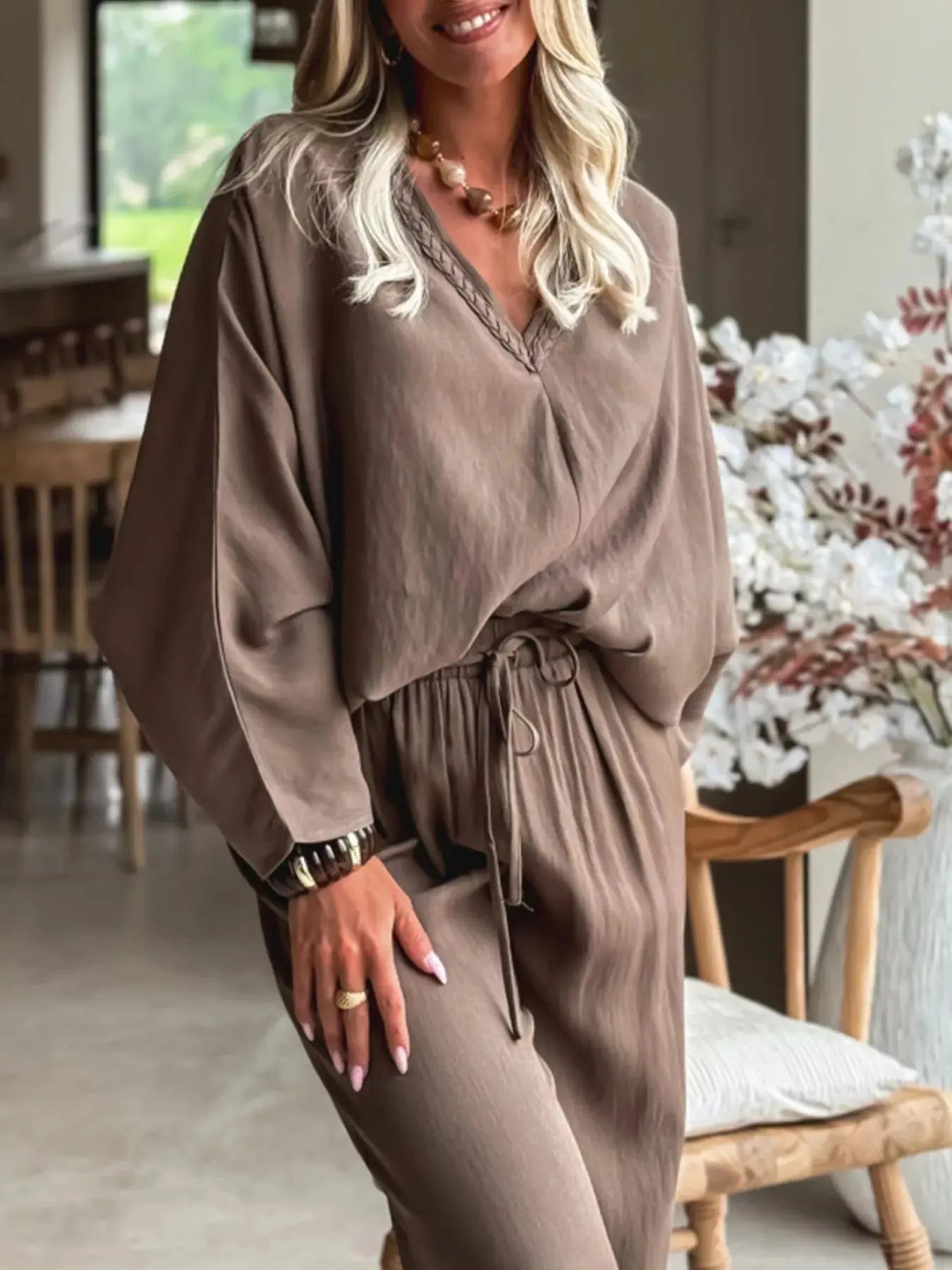 Braided V Neck Long Sleeve Loose Top and Drawstring High Waist Pants 2pcs Outfit Simply Love