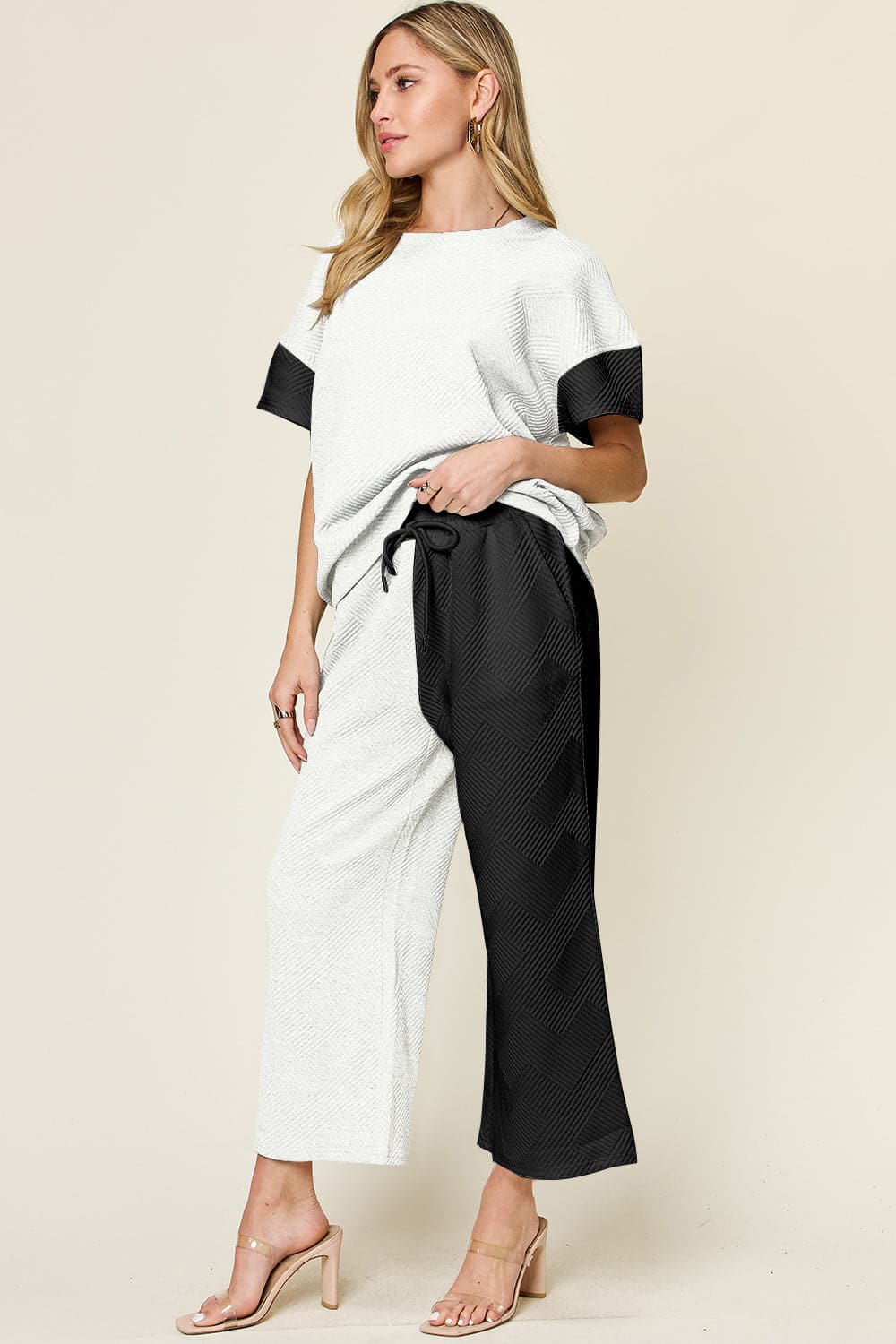 Double Take Full Size Texture Contrast T-Shirt and Wide Leg Pants Set.